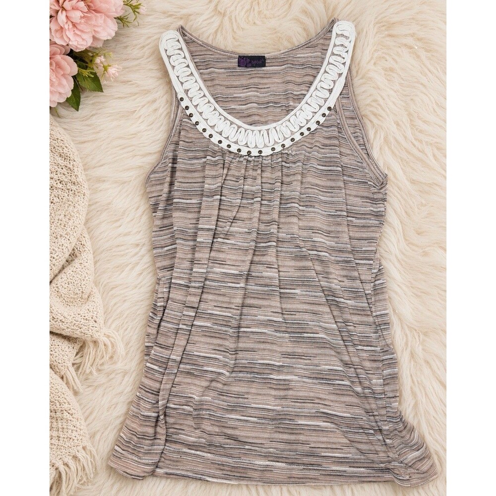 women's size medium top blouse striped beige sleeveless tan resortcore vacation